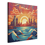 Canvas Schilderijen Skyline van een stad met een zon erachter