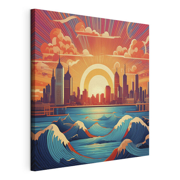 Skyline van een stad met een zon erachter Canvas Schilderijen Skyline van een stad met een zon erachter