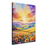 Canvas Schilderijen Zonsopgang over levendig bloemenlandschap