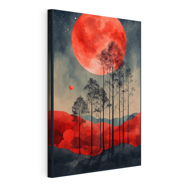 Schilderij van bomen en een rode maan Canvas Schilderijen Schilderij van bomen en een rode maan