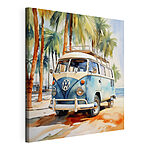Canvas Schilderijen Aquarel van een blauw en wit busje
