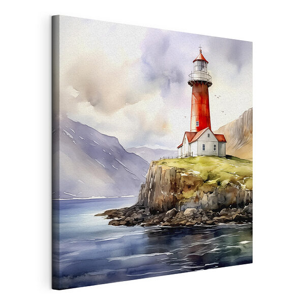 Canvas Schilderijen Aquarel van een vuurtoren op een klif