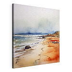 Canvas Schilderijen Aquarel van een strand met rotsen en water