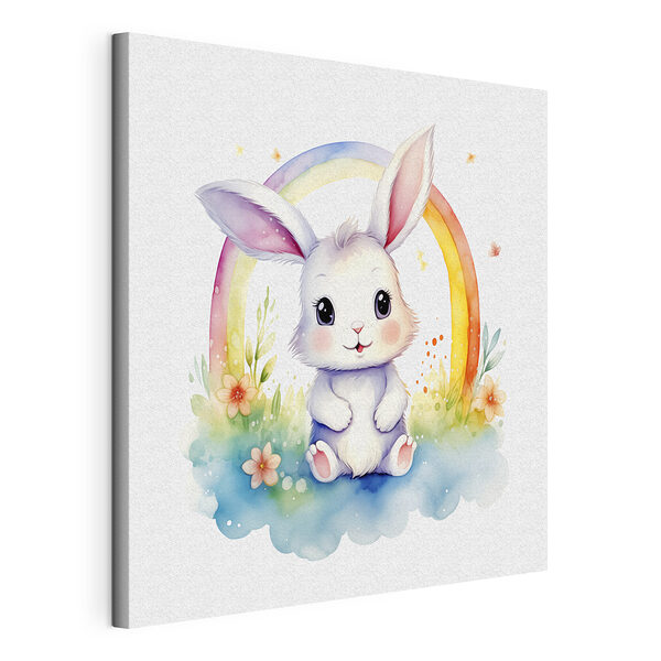 Aquarel van een konijn met een regenboog Canvas Schilderijen Aquarel van een konijn met een regenboog