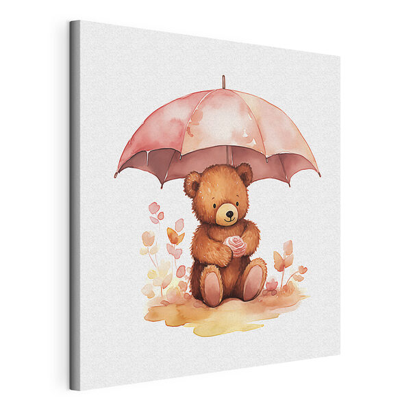 Teddybeer houdt een bloem vast onder een paraplu Canvas Schilderijen Teddybeer houdt een bloem vast onder een paraplu