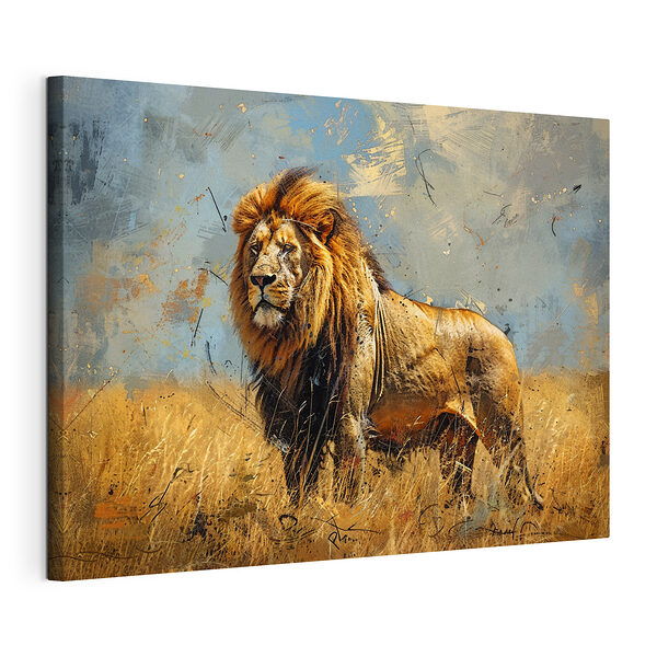 Canvas Schilderijen Majestueuze leeuw staat op de savanne