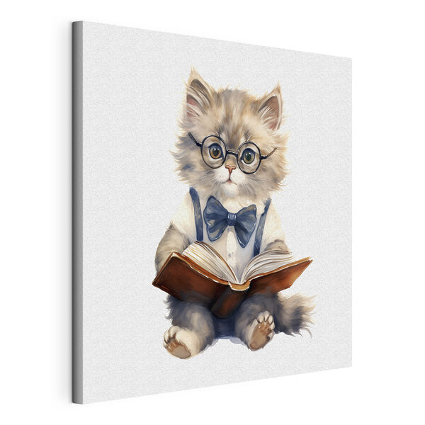 Canvas Schilderijen Kat met bril en strik die een boek leest