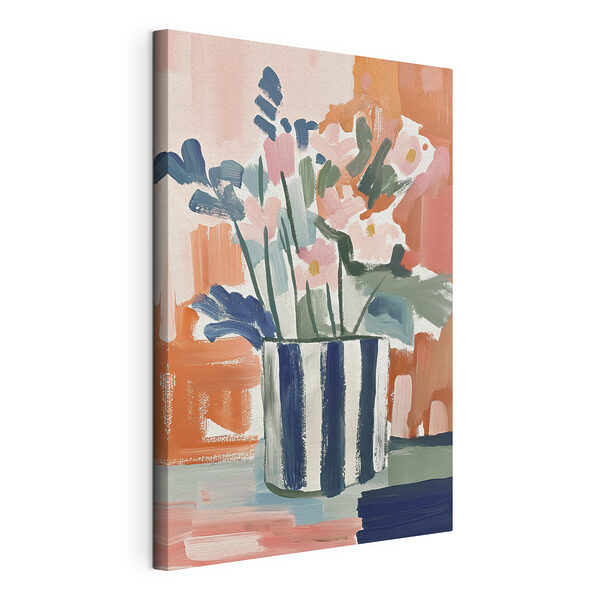 Schilderij van bloemen in een gestreepte pot Canvas Schilderijen Schilderij van bloemen in een gestreepte pot