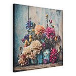 Canvas Schilderijen Groep kleurrijke bloemen in blauwe vazen