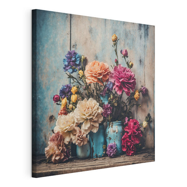 Canvas Schilderijen Groep kleurrijke bloemen in blauwe vazen