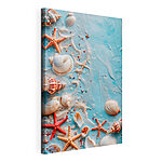 Canvas Schilderijen Groep zeeschelpen en zeesterren op een blauw oppervlak
