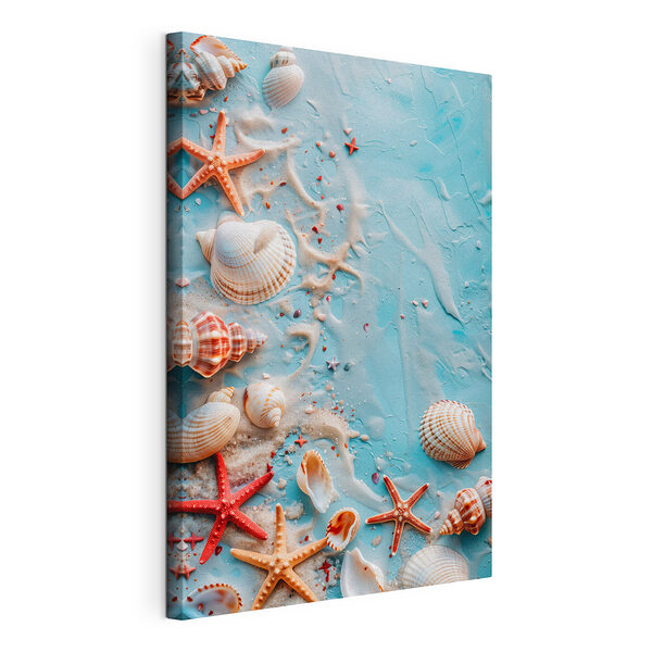 Groep zeeschelpen en zeesterren op een blauw oppervlak Canvas Schilderijen Groep zeeschelpen en zeesterren op een blauw oppervlak