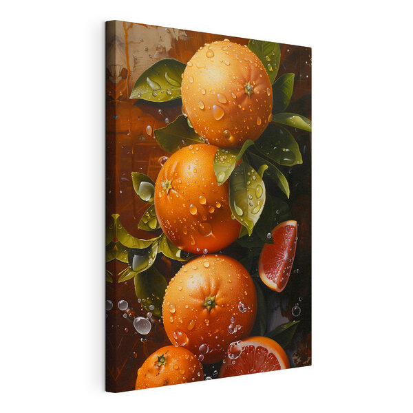 Groep sinaasappels met bladeren en schijfjes sinaasappel Canvas Schilderijen Groep sinaasappels met bladeren en schijfjes sinaasappel