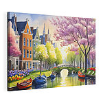 Canvas Schilderijen Waterkanaal met boten en bomen en een brug