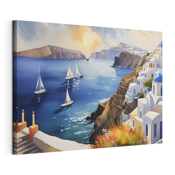 Schilderij van een zee met boten en gebouwen Canvas Schilderijen Schilderij van een zee met boten en gebouwen