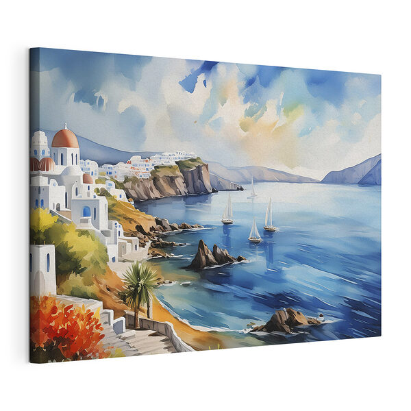 Aquarel van een stad op een klif Canvas Schilderijen Aquarel van een stad op een klif