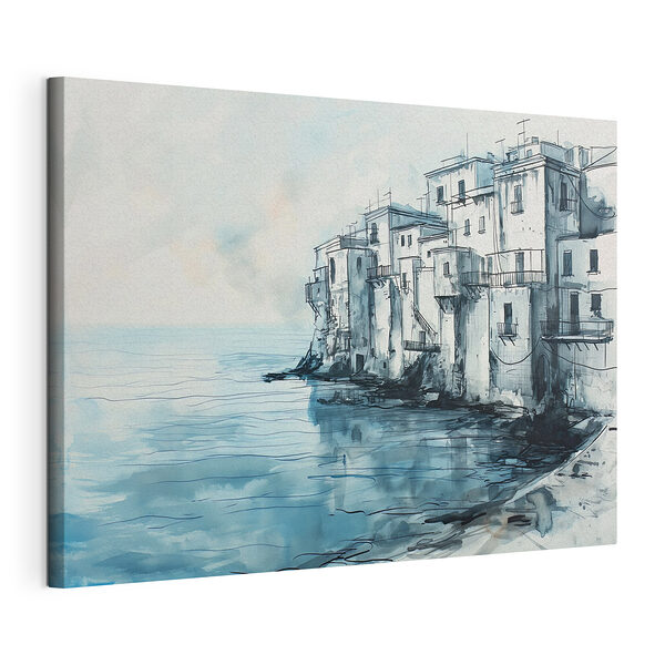 Canvas Schilderijen Aquarel van een gebouw naast een waterlichaam