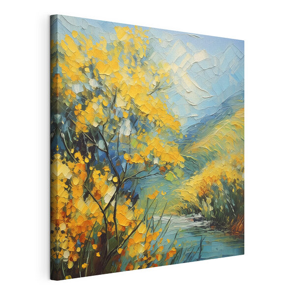 Schilderij van een rivier met gele bloemen Canvas Schilderijen Schilderij van een rivier met gele bloemen