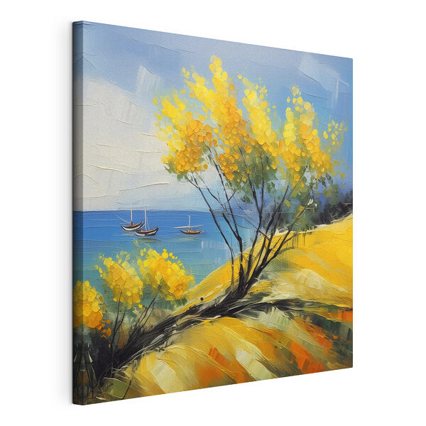 Schilderij van een gele boom en boten in het water Canvas Schilderijen Schilderij van een gele boom en boten in het water
