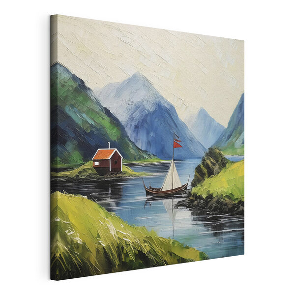 Schilderij van een boot op een meer met bergen en een huis Canvas Schilderijen Schilderij van een boot op een meer met bergen en een huis