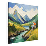 Canvas Schilderijen Schilderij van een huis op een heuvel bij een rivier