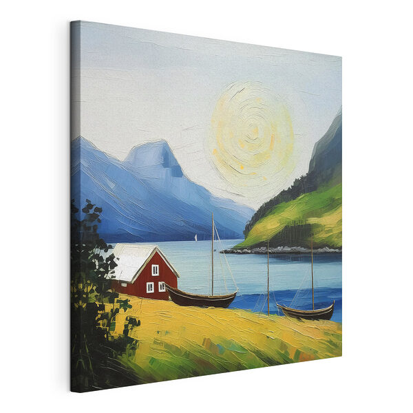 Schilderij van een huis en boten op een meer Canvas Schilderijen Schilderij van een huis en boten op een meer