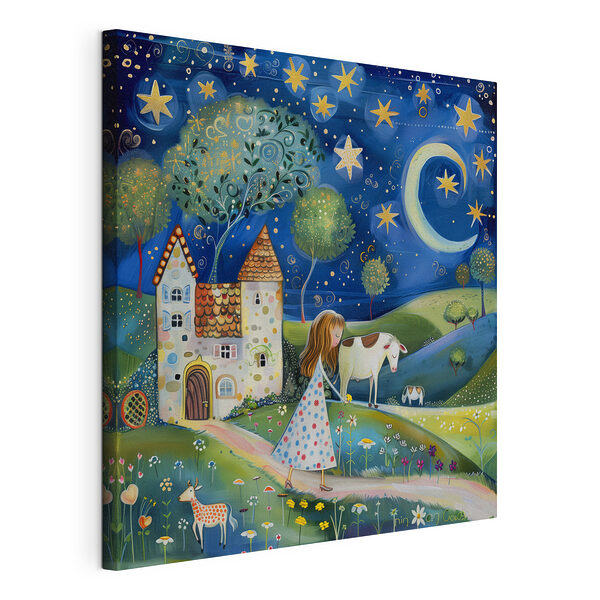 Canvas Schilderijen Meisje wandelend op een pad met een koe en een huis