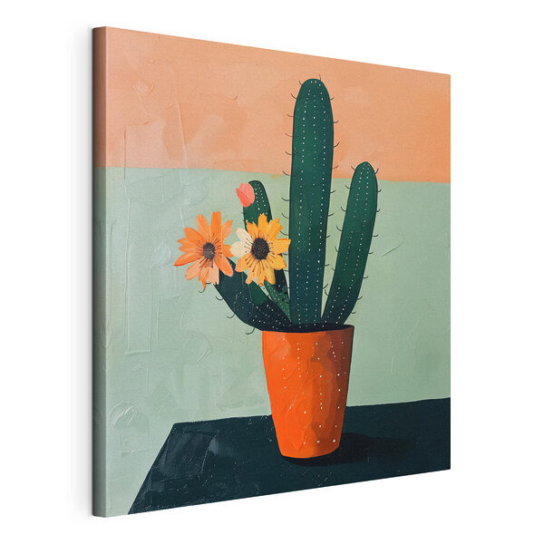 Schilderij van een cactus met bloemen in een pot Canvas Schilderijen Schilderij van een cactus met bloemen in een pot