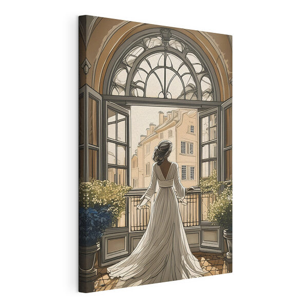 Canvas Schilderijen Vrouw in een witte jurk kijkt uit een raam