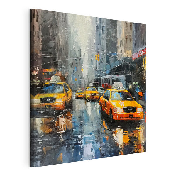 Schilderij van een straat met gele taxi's Canvas Schilderijen Schilderij van een straat met gele taxi's