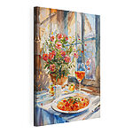 Canvas Schilderijen Aquarel van een tafel met eten en bloemen