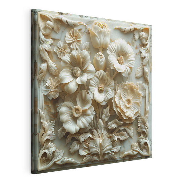 Snijwerk van witte bloemen op een marmeren oppervlak Canvas Schilderijen Snijwerk van witte bloemen op een marmeren oppervlak