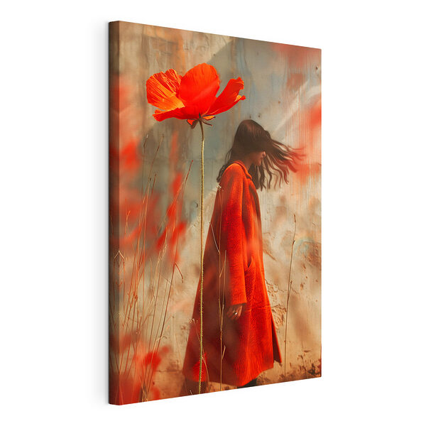 Vrouw in een rode jas en een grote bloem Canvas Schilderijen Vrouw in een rode jas en een grote bloem