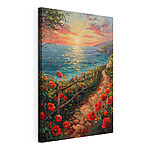 Canvas Schilderijen Schilderij van een pad langs het water met bloemen