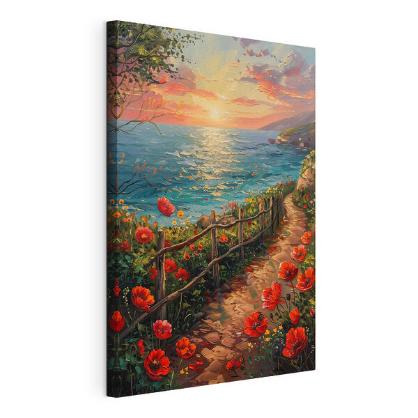 Schilderij van een pad langs het water met bloemen Canvas Schilderijen Schilderij van een pad langs het water met bloemen