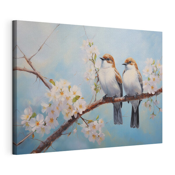 Twee vogels op een tak met witte bloemen Canvas Schilderijen Twee vogels op een tak met witte bloemen