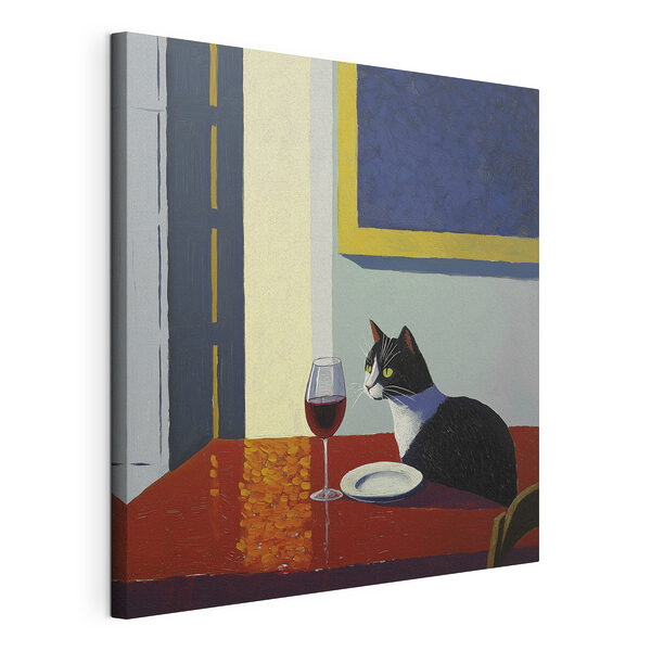 Canvas Schilderijen Kat zittend aan een tafel met een bord en een plaat