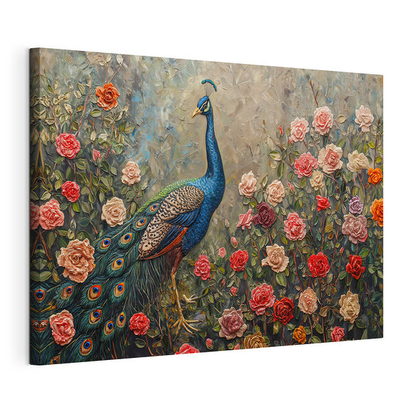 Schilderij van een pauw omringd door bloemen Canvas Schilderijen Schilderij van een pauw omringd door bloemen
