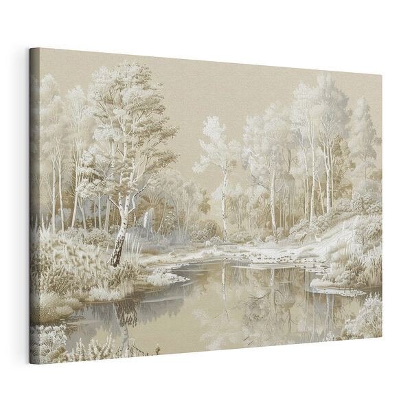 Rivier met bomen en sneeuw Canvas Schilderijen Rivier met bomen en sneeuw