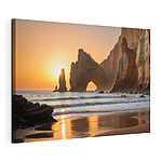 Canvas Schilderijen Zonsondergang over een strand met rotsen en water