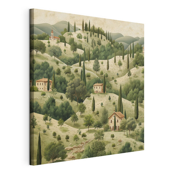 Schilderij van een landschap met huizen en bomen Canvas Schilderijen Schilderij van een landschap met huizen en bomen