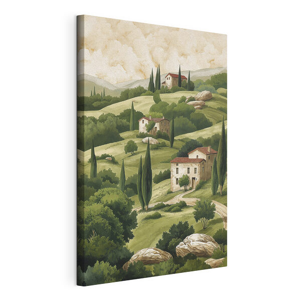 Schilderij van een landschap met huizen en bomen Canvas Schilderijen Schilderij van een landschap met huizen en bomen
