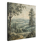 Canvas Schilderijen Schilderij van een landschap met bomen en heuvels