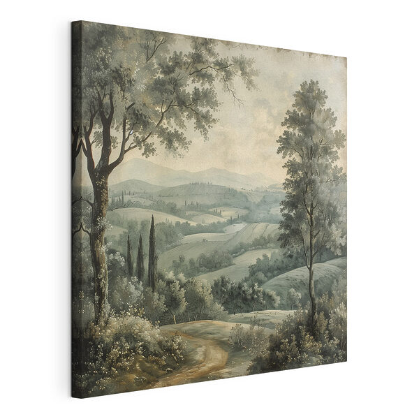 Canvas Schilderijen Schilderij van een landschap met bomen en heuvels