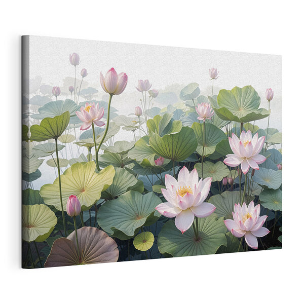 Canvas Schilderijen Groep roze bloemen en groene bladeren