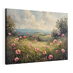 Canvas Schilderijen Schilderij van een veld met roze bloemen
