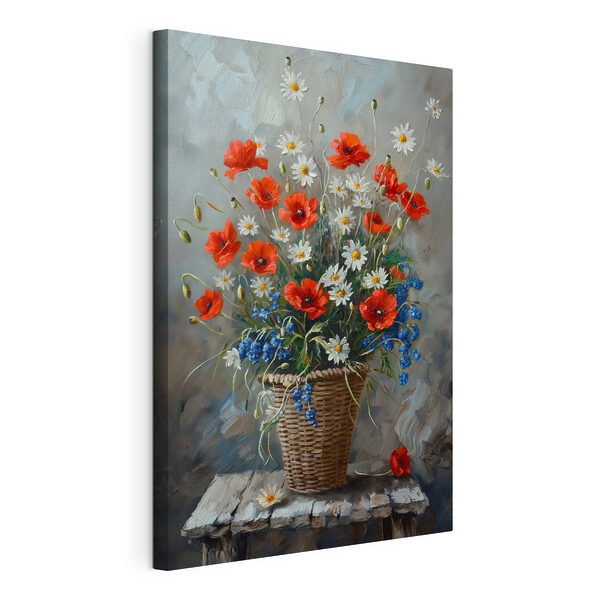 Canvas Schilderijen Schilderij van bloemen in een mand