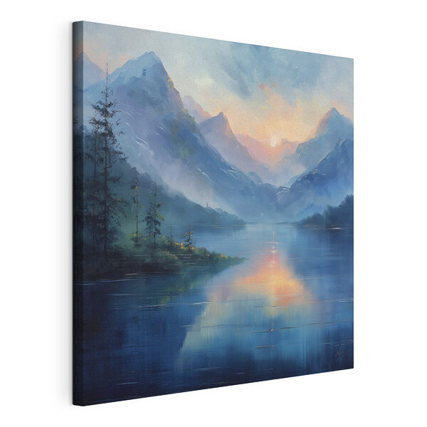Schilderij van een meer met bergen en bomen Canvas Schilderijen Schilderij van een meer met bergen en bomen