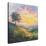 Canvas Schilderijen Schilderij van een landschap met een boom en bloemen
