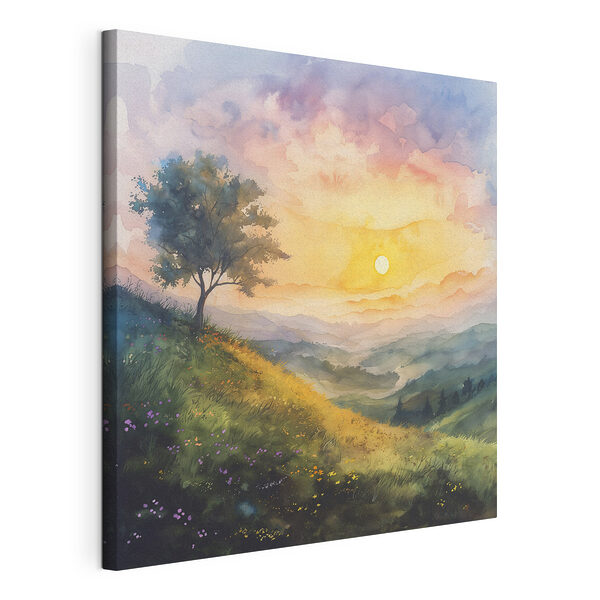 Canvas Schilderijen Schilderij van een landschap met een boom en bloemen